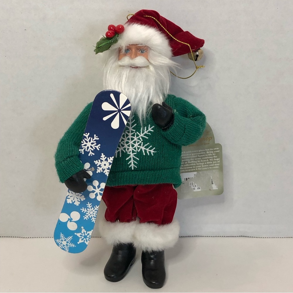 Handcrafted Santa with Snowboard Sweater Ornament 8 1/2 inches Santa’s Workshop